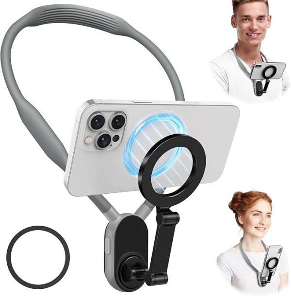 Magnetic Neck Phone Holder Cell Phone Mount, Hand Free POV/Vlog Flexible Phone Neck Holder Around Chest Stand for Video Recording