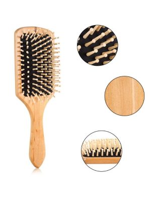 Natural Wooden Hair Brush with Round Tip Wooden Bristles Wooden Square Paddle Brush to Detangle