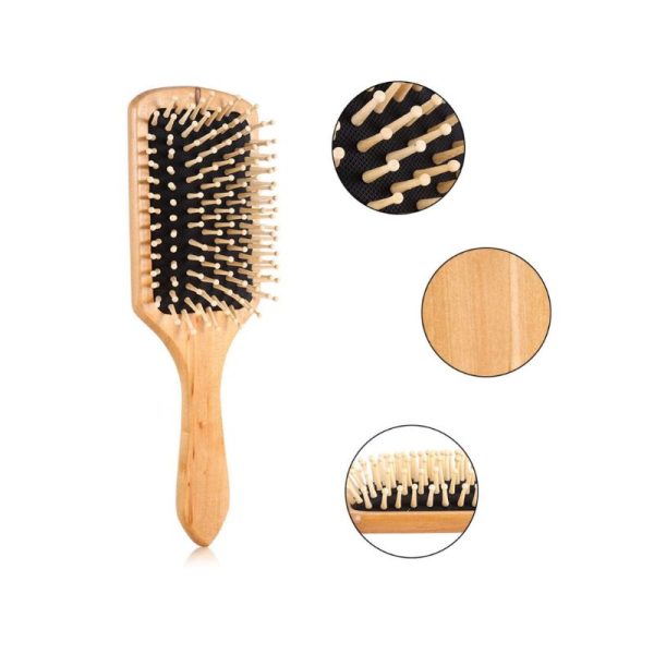 Natural Wooden Hair Brush with Round Tip Wooden Bristles Wooden Square Paddle Brush to Detangle - Image 2